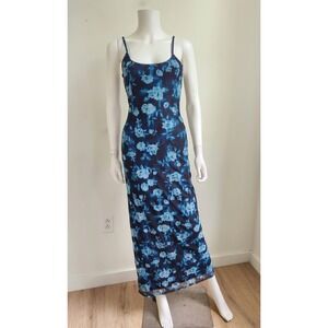 No Boundaries Maxi Slip Dress Womens S Dark Blue Floral Mesh Y2K 90s Whimsigoth